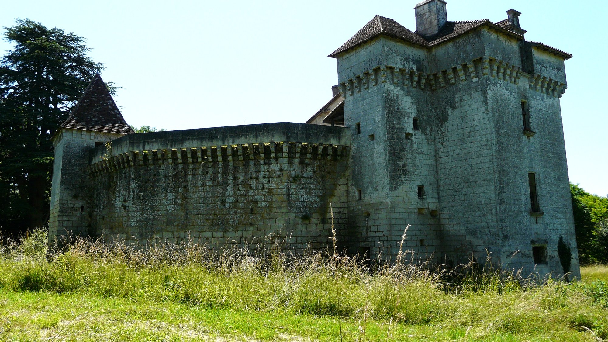 La courtine et la tour portière, vues depuis la prairie